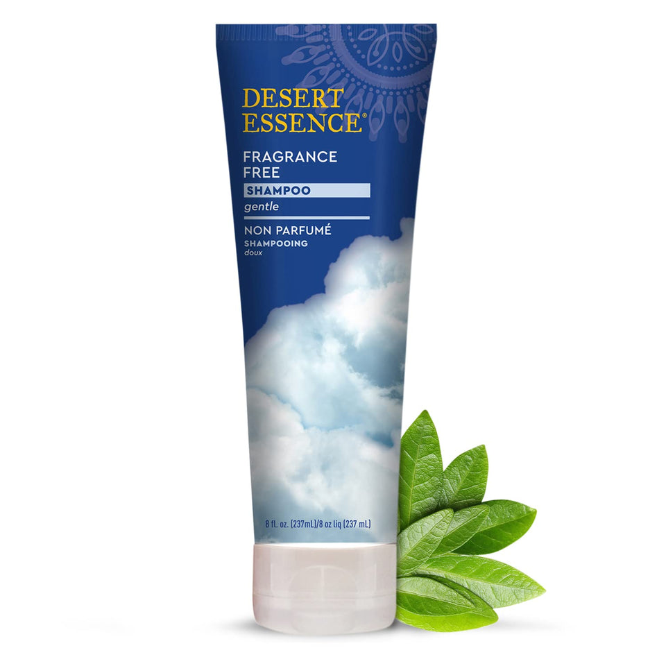 Desert Essence front packaging showing unscented shampoo benefit