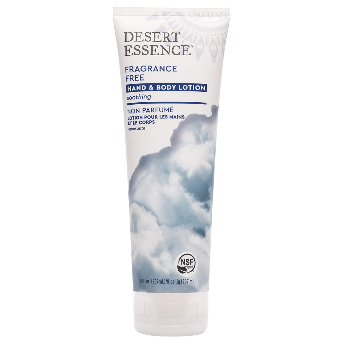 Desert Essence front packaging showing lotion bottle, clear labeling and gentle benefit