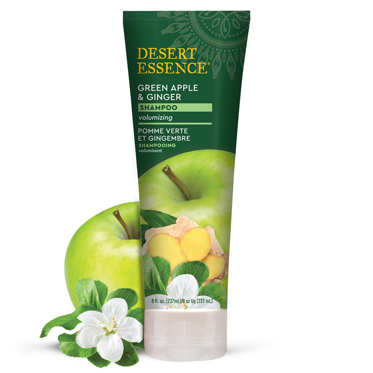 Desert Essence front packaging showing green apple and ginger scent for volumizing benefits