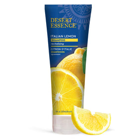 Desert Essence front bottle view showing clean lemon shampoo packaging and benefits