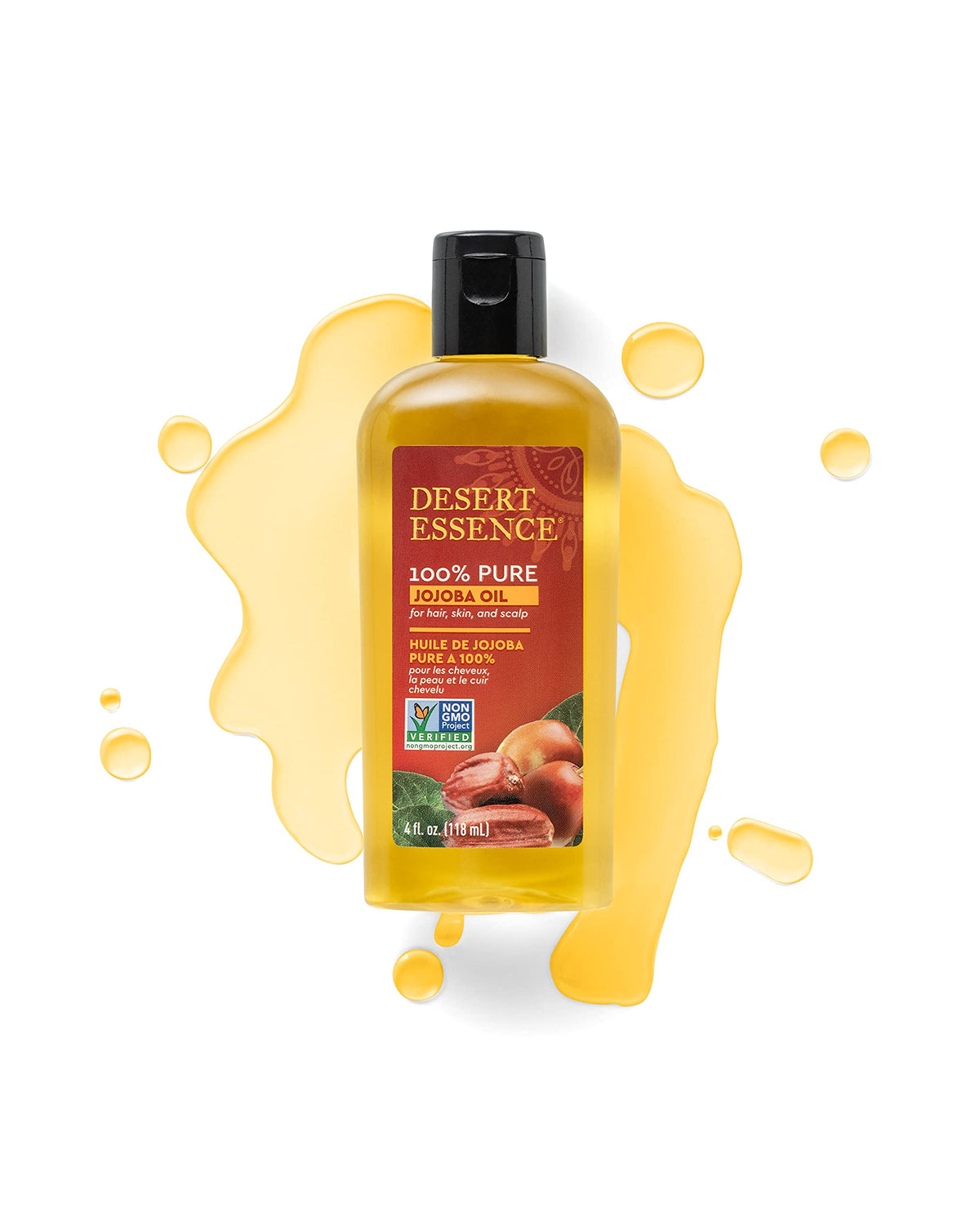 Desert Essence jojoba bottle beside measuring spoon for controlled use