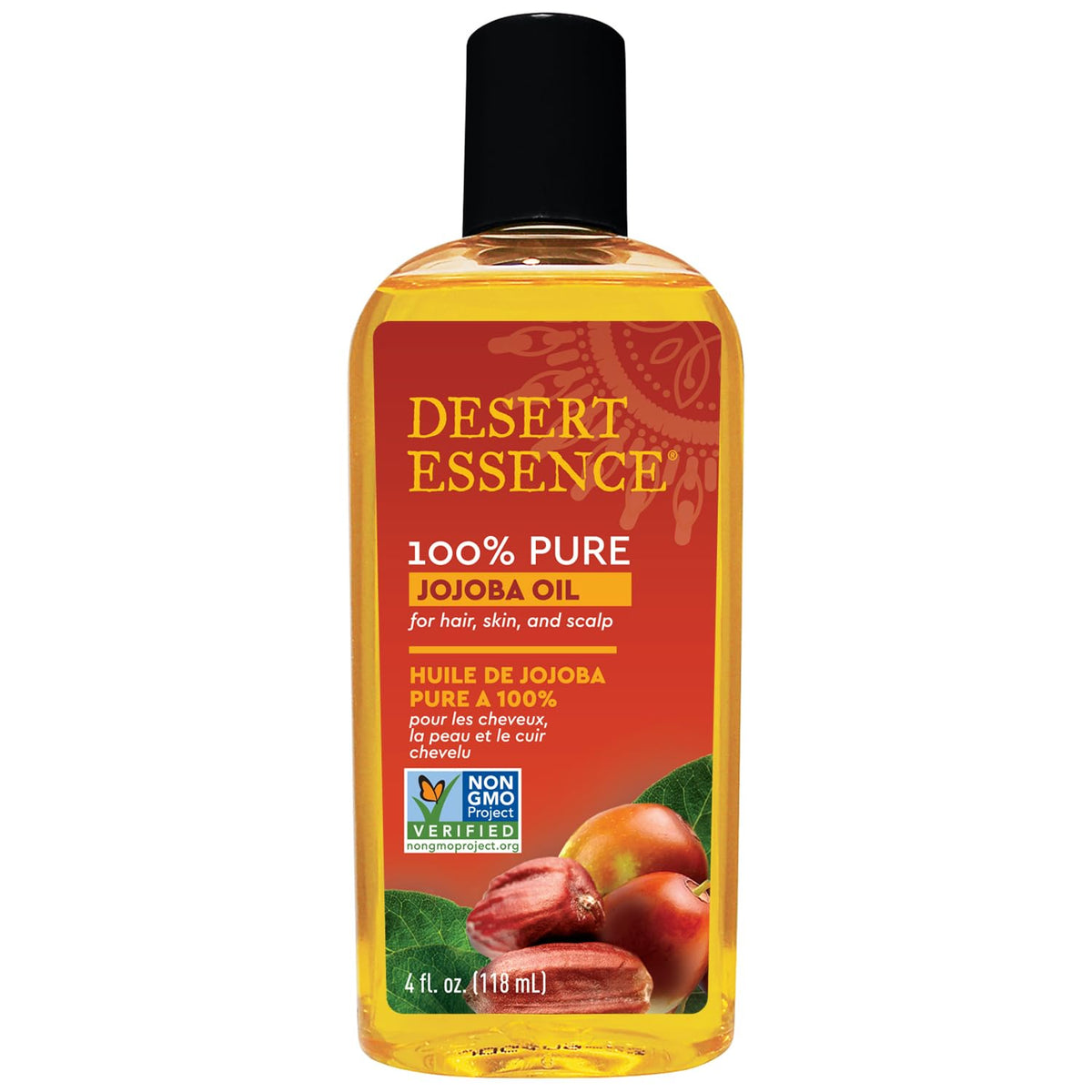 Desert Essence bottle front label showing pure jojoba oil benefit