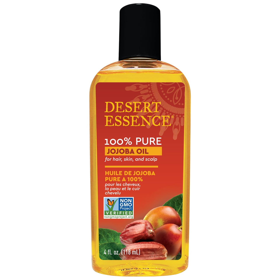 Desert Essence bottle front label showing pure jojoba oil benefit