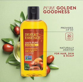Desert Essence jojoba oil pouring texture demonstrating quick absorption