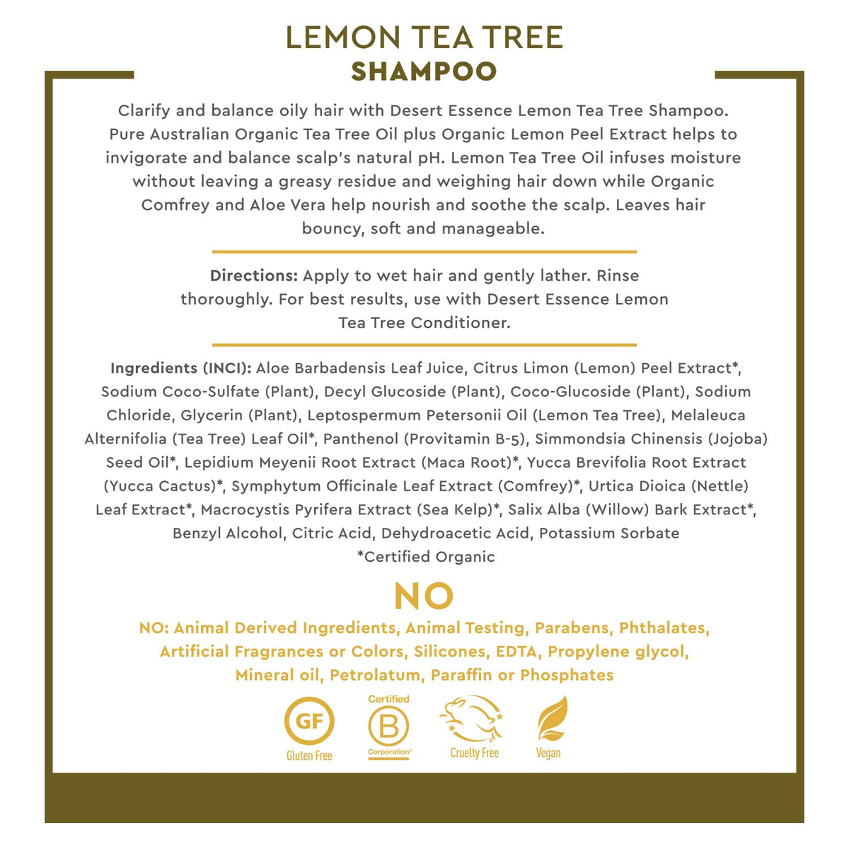 Desert Essence bottle beside lemon and tea tree sprigs, displays natural ingredients