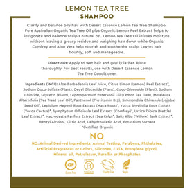 Desert Essence bottle beside lemon and tea tree sprigs, displays natural ingredients