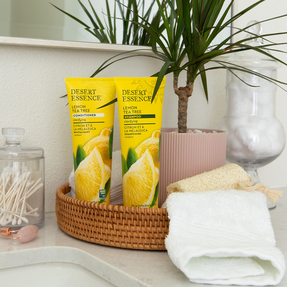 Desert Essence bottle styled on bathroom shelf suggesting daily routine upgrade