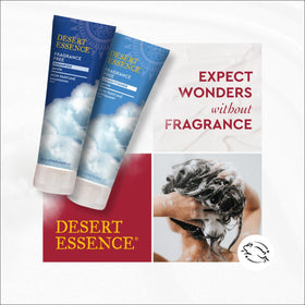 Desert Essence bottle in hand showing 8 fl oz scale benefit