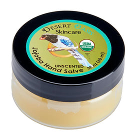 Desert Oasis Skincare front jar showing organic unscented hand salve benefits