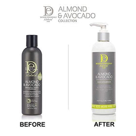 Design Essentials label close-up highlighting almond, avocado, and vitamin E benefits