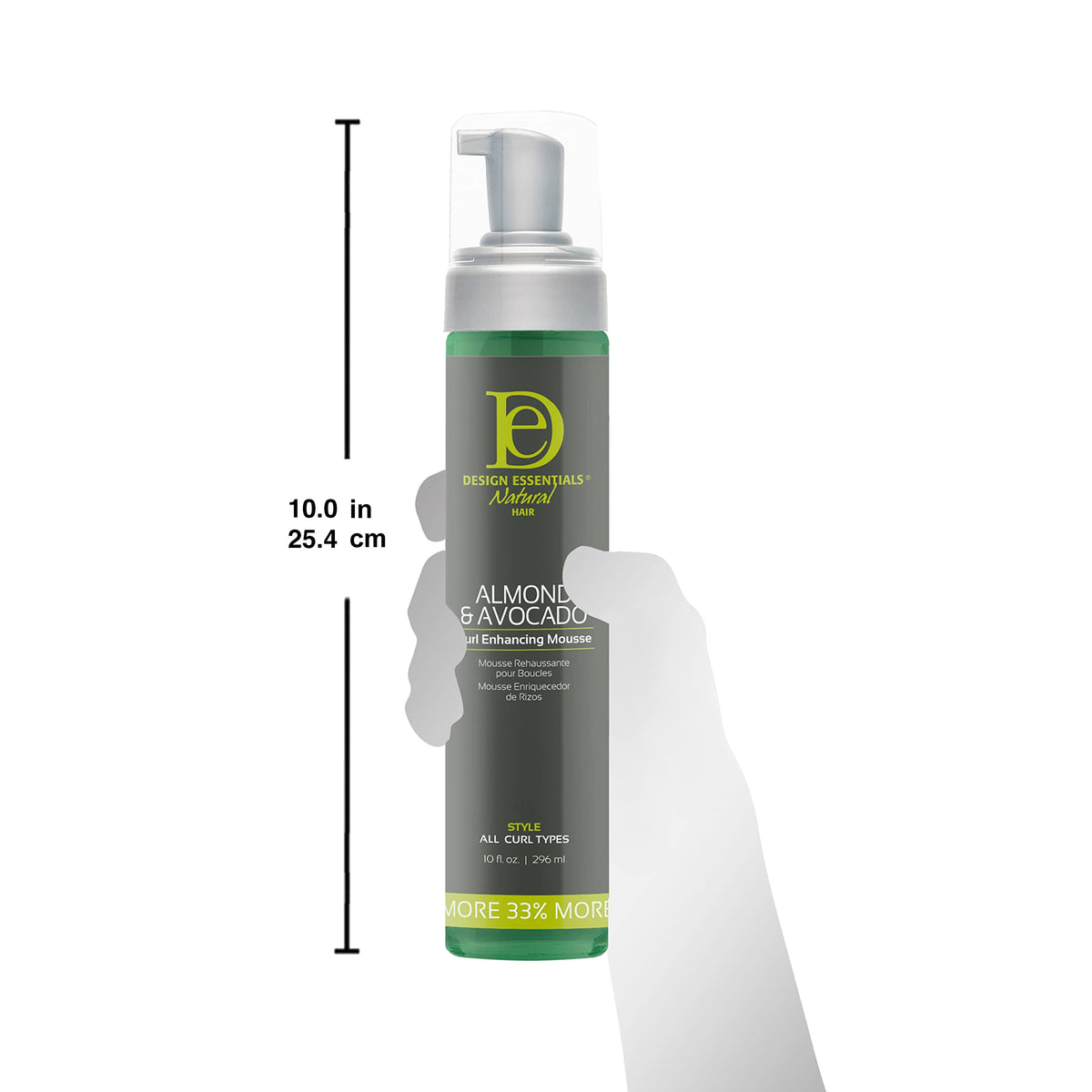 Design Essentials 10 oz bottle next to hand for accurate size