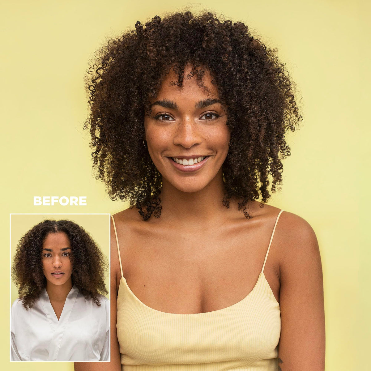 Design.Me BOUNCE.ME being diffused into curls to showcase lift, bounce, and humidity resistance