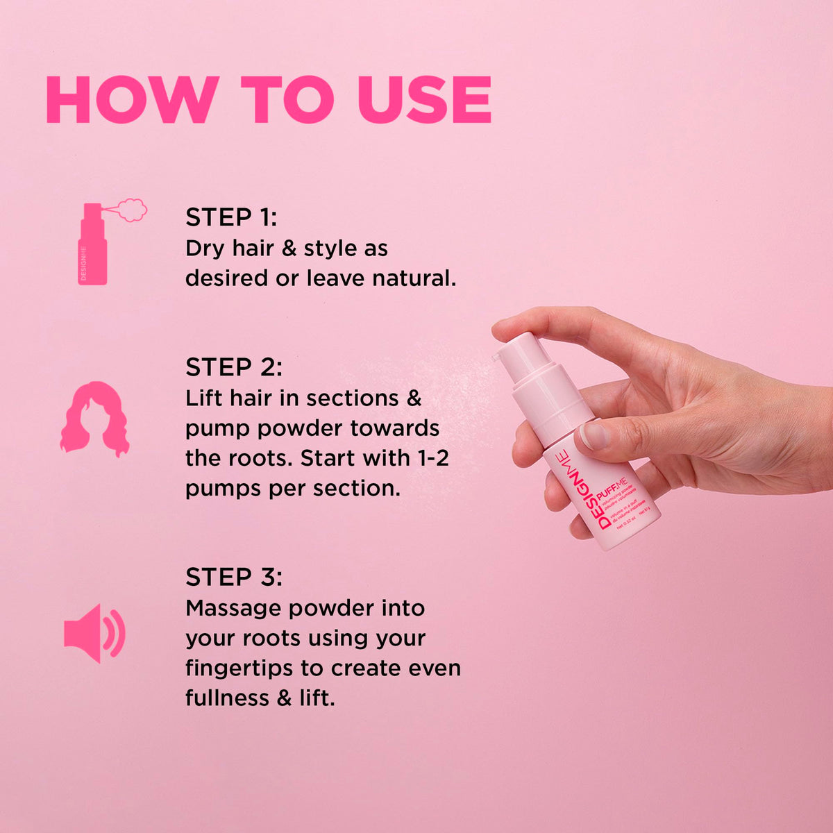 Design.Me PUFF.ME root application in hand demonstrating instant lift benefit