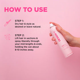 Design.Me PUFF.ME mist dispersing into hair to show instant lift and volume