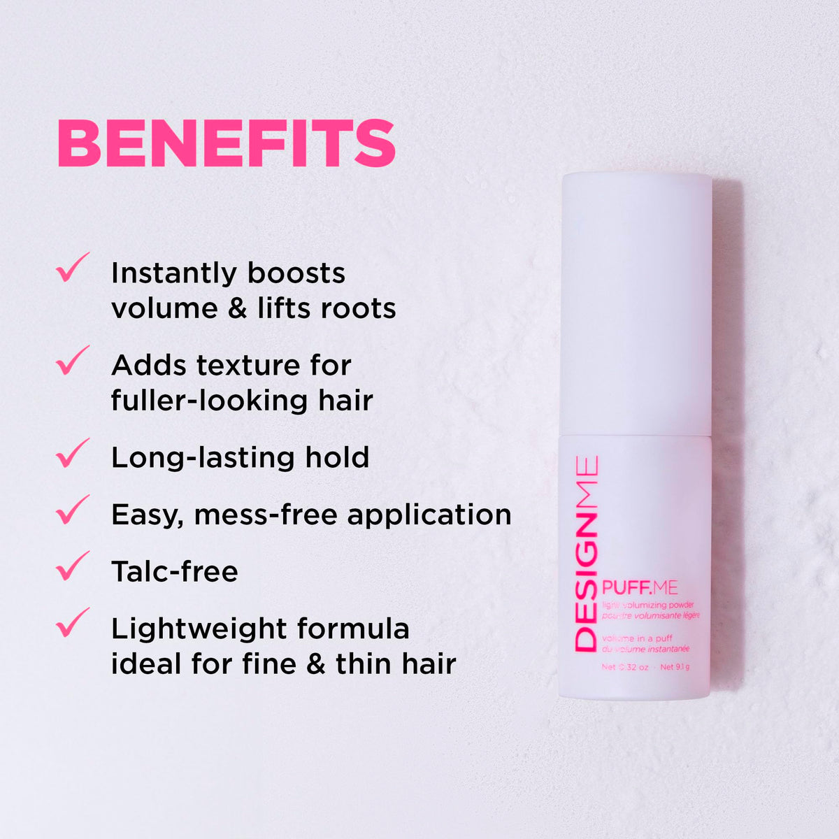 Design.Me PUFF.ME being sprayed at roots showing quick texture and lift benefit