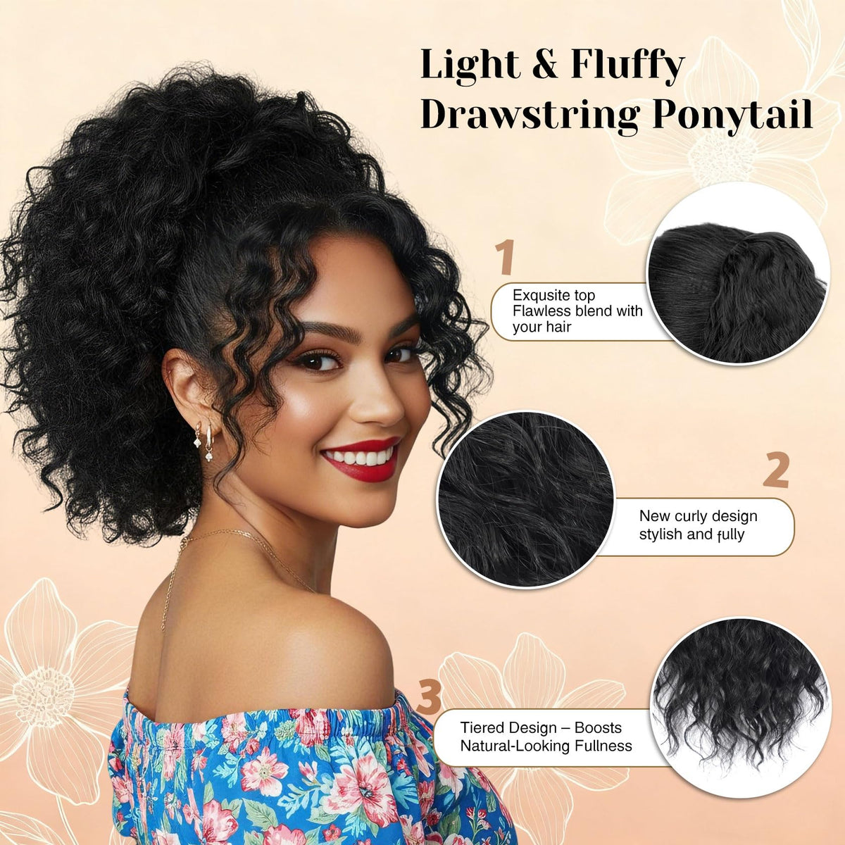 Detean on model displaying short curly ponytail for instant fullness
