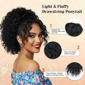 Detean on model displaying short curly ponytail for instant fullness