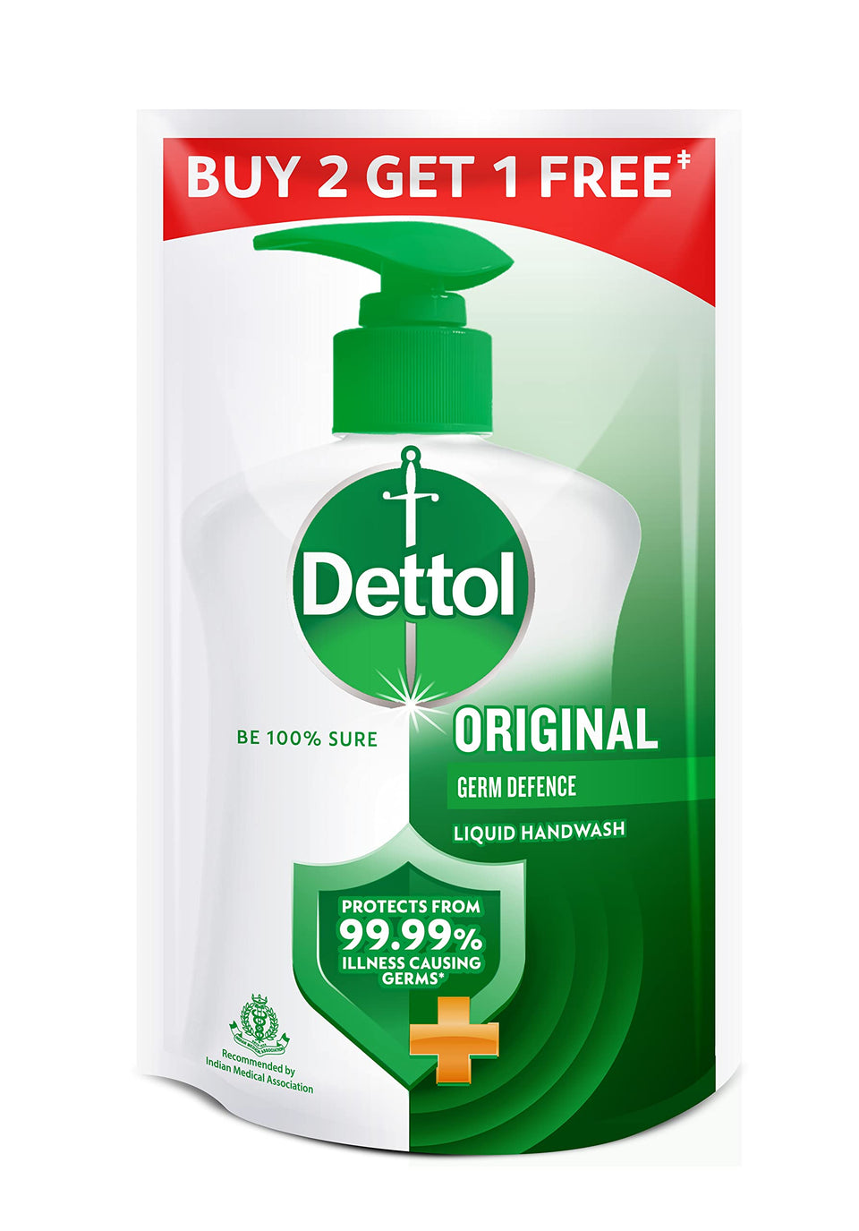 Dettol front packaging showing three refill pouches and brand reassurance