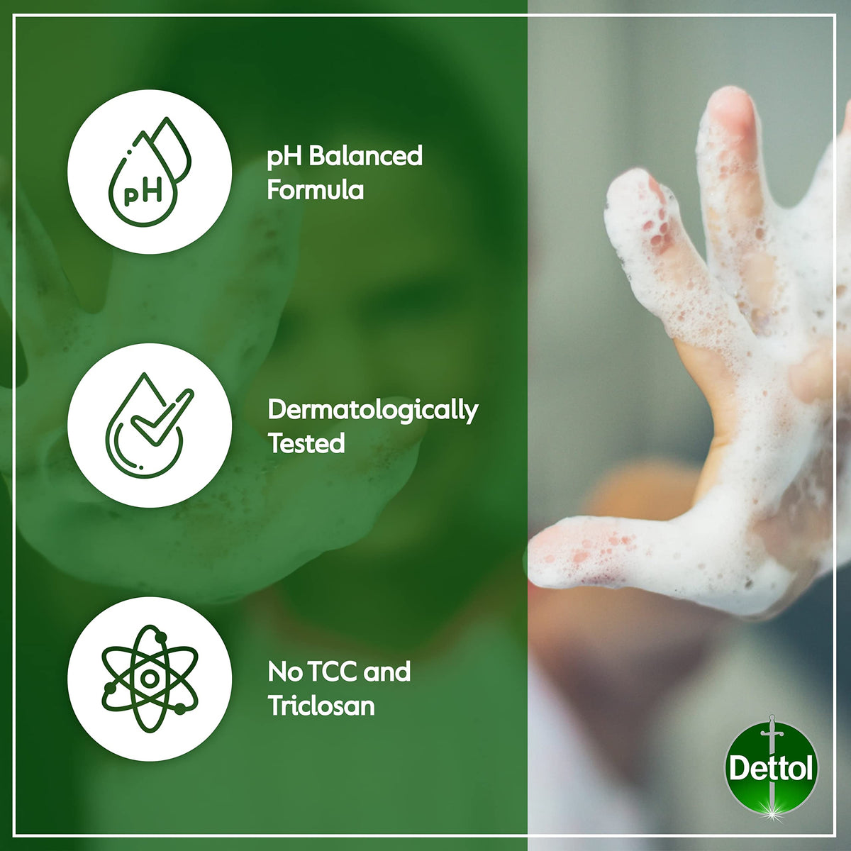 Dettol label ingredients detail highlighting pH-balanced, TCC-free formulation