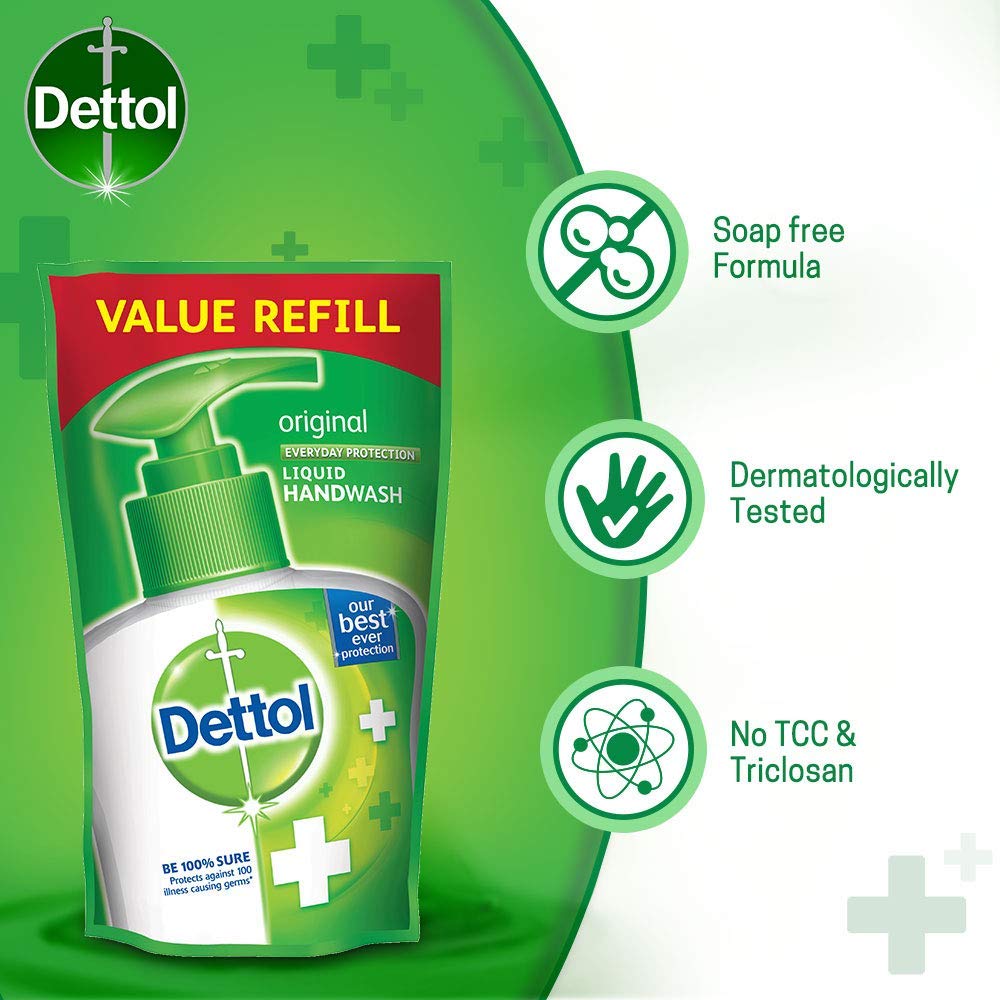 Dettol being poured into a pump dispenser for easy refill and less waste