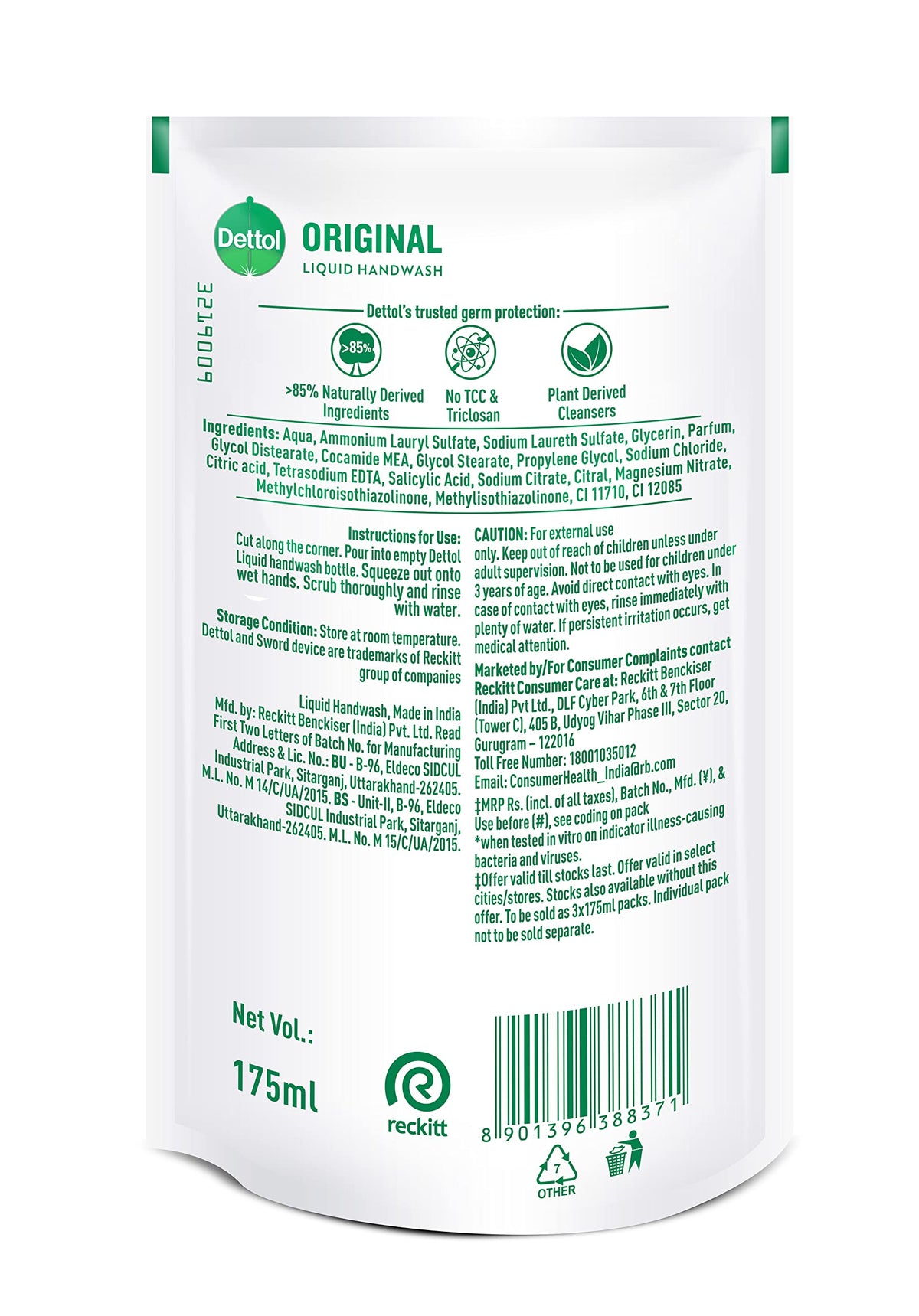 Dettol refill pouch close-up highlighting pour spout and refill convenience