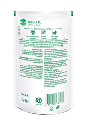 Dettol refill pouch close-up highlighting pour spout and refill convenience