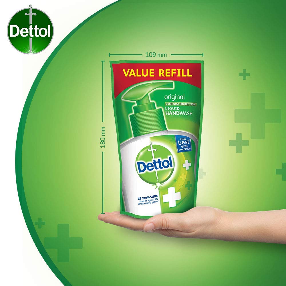Dettol 175ml pouch next to a handwash bottle showing compact size