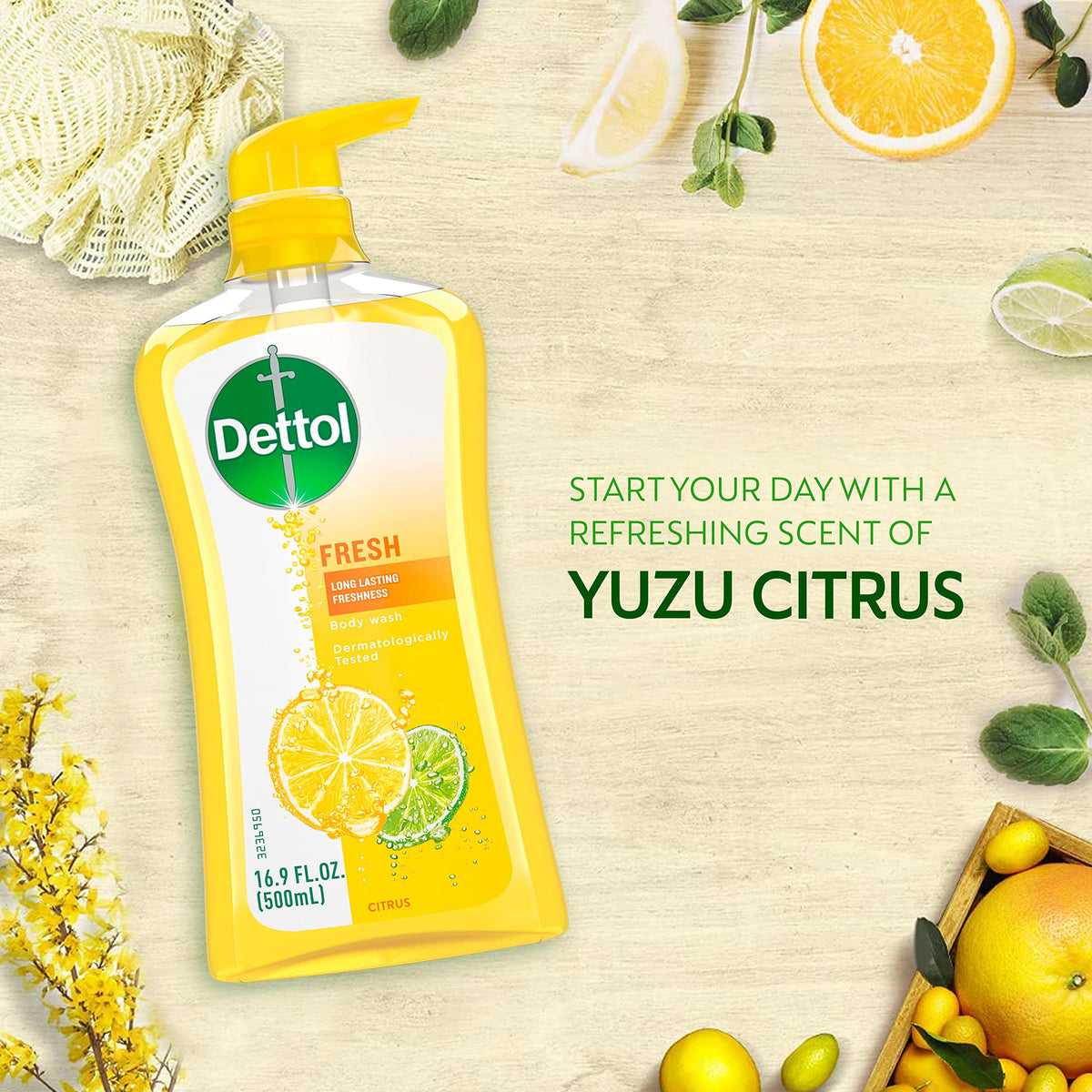 Dettol bottle beside travel items showing compatibility with shower kits
