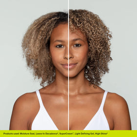 DevaCurl being applied to damp curls demonstrating clumping and definition benefit