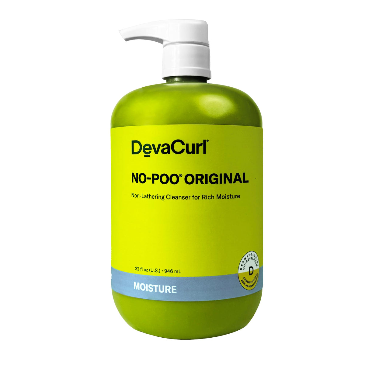 DevaCurl front bottle showing No-Poo Original label and size, clear product benefit