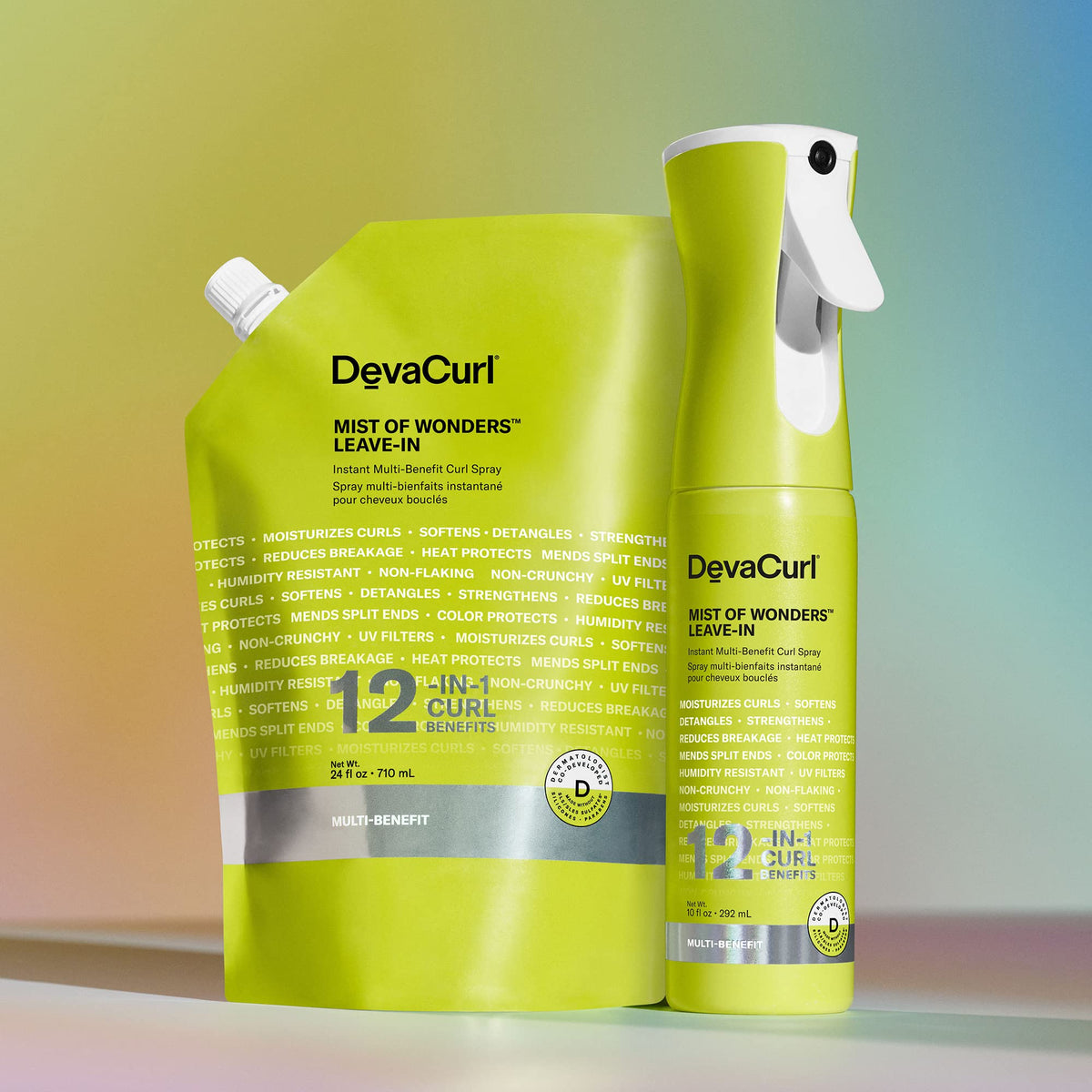 DevaCurl bottle staged on bathroom shelf suggesting everyday curl care routine
