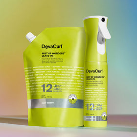 DevaCurl bottle staged on bathroom shelf suggesting everyday curl care routine