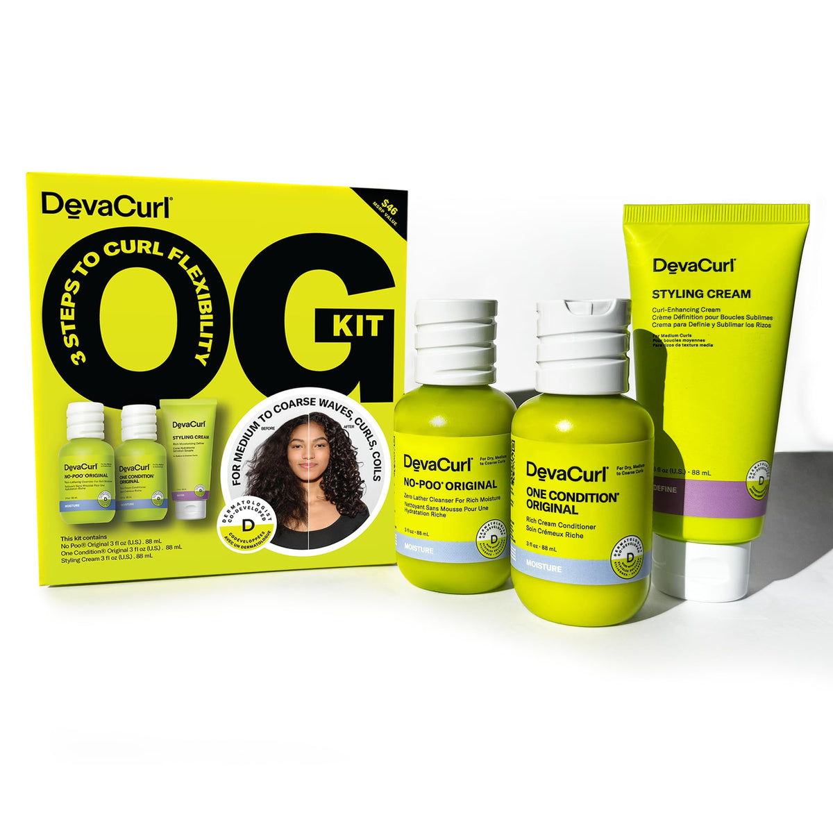 DevaCurl OG Kit front view showing travel-sized bottles for easy portability and routine consistency