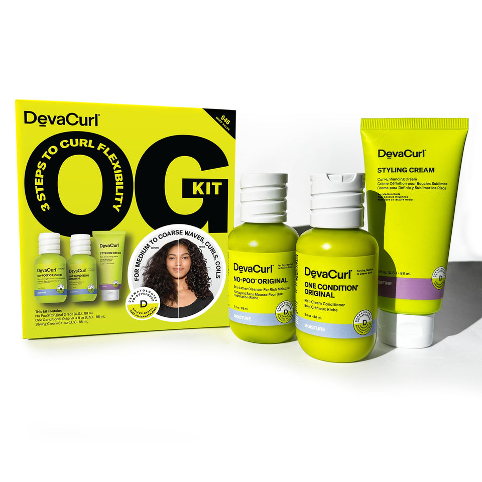 DevaCurl OG Kit front view showing travel-sized bottles for easy portability and routine consistency