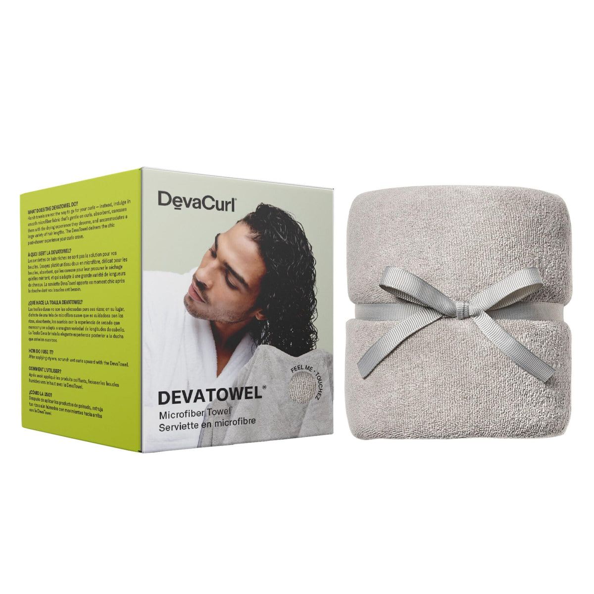 DevaCurl towel front view shows full wrap and quick-dry benefit