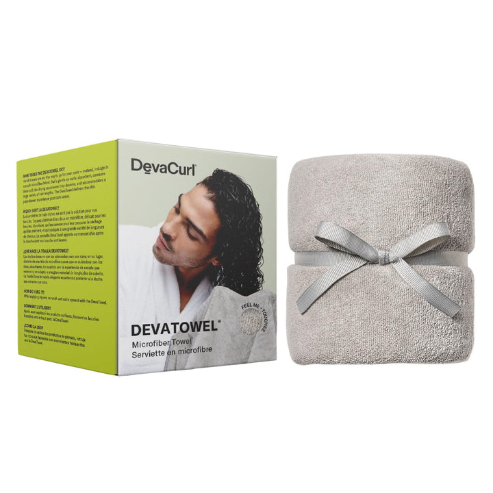 DevaCurl towel front view shows full wrap and quick-dry benefit