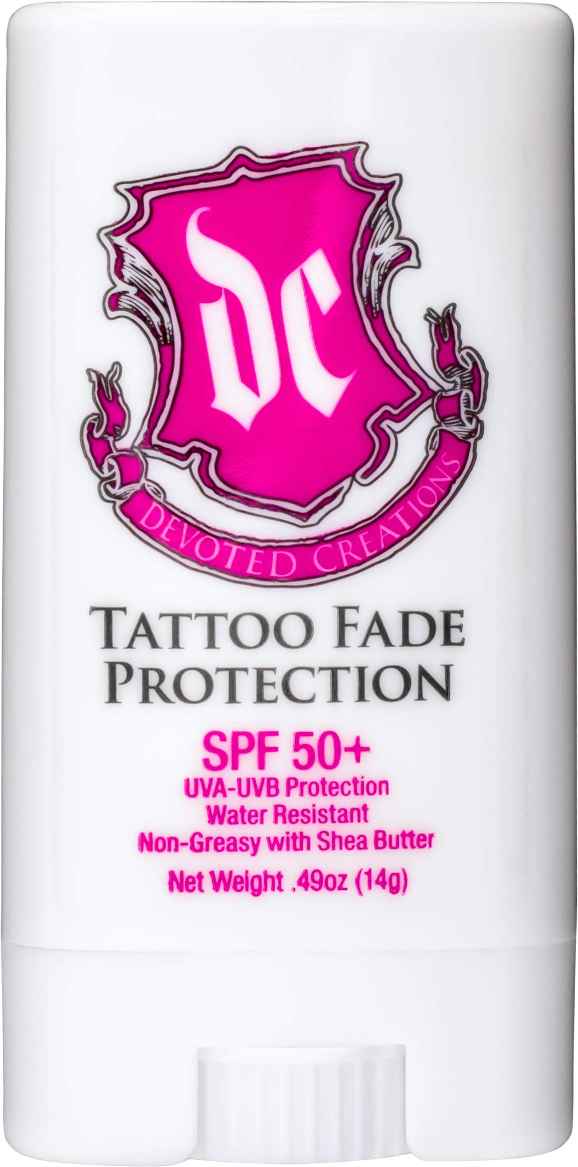 Devoted Creations front packaging showing SPF 50+ protection and compact stick benefit