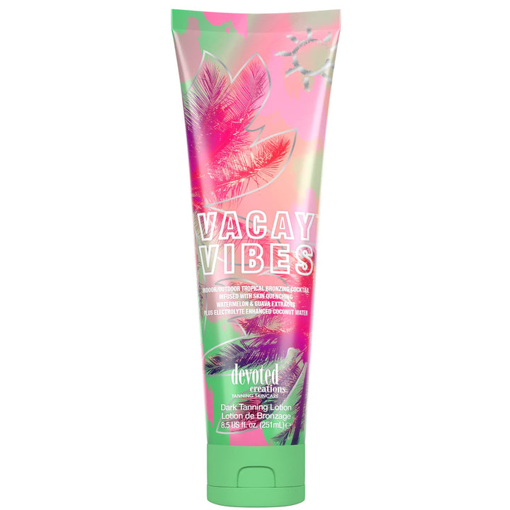 Devoted Creations front packaging showing Vacay Vibes bronzing lotion benefit
