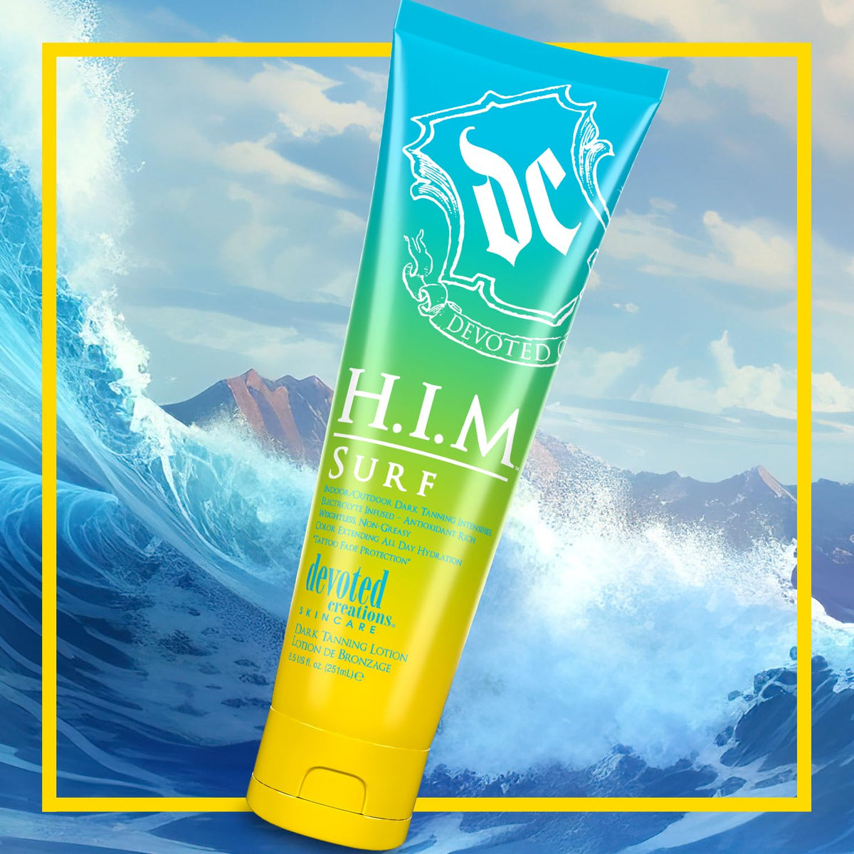 Devoted Creations HIM Surf size and label display highlighting ingredients and electrolyte-hydration benefit