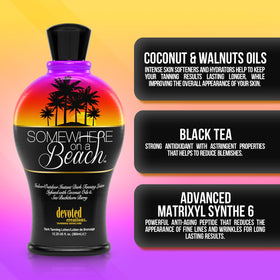Devoted Creations bottle on a beach towel suggesting tropical results