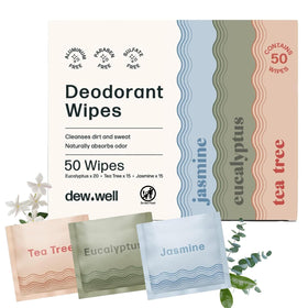 Dew Well front packaging showing 50-count variety pack and scent trio for easy freshness