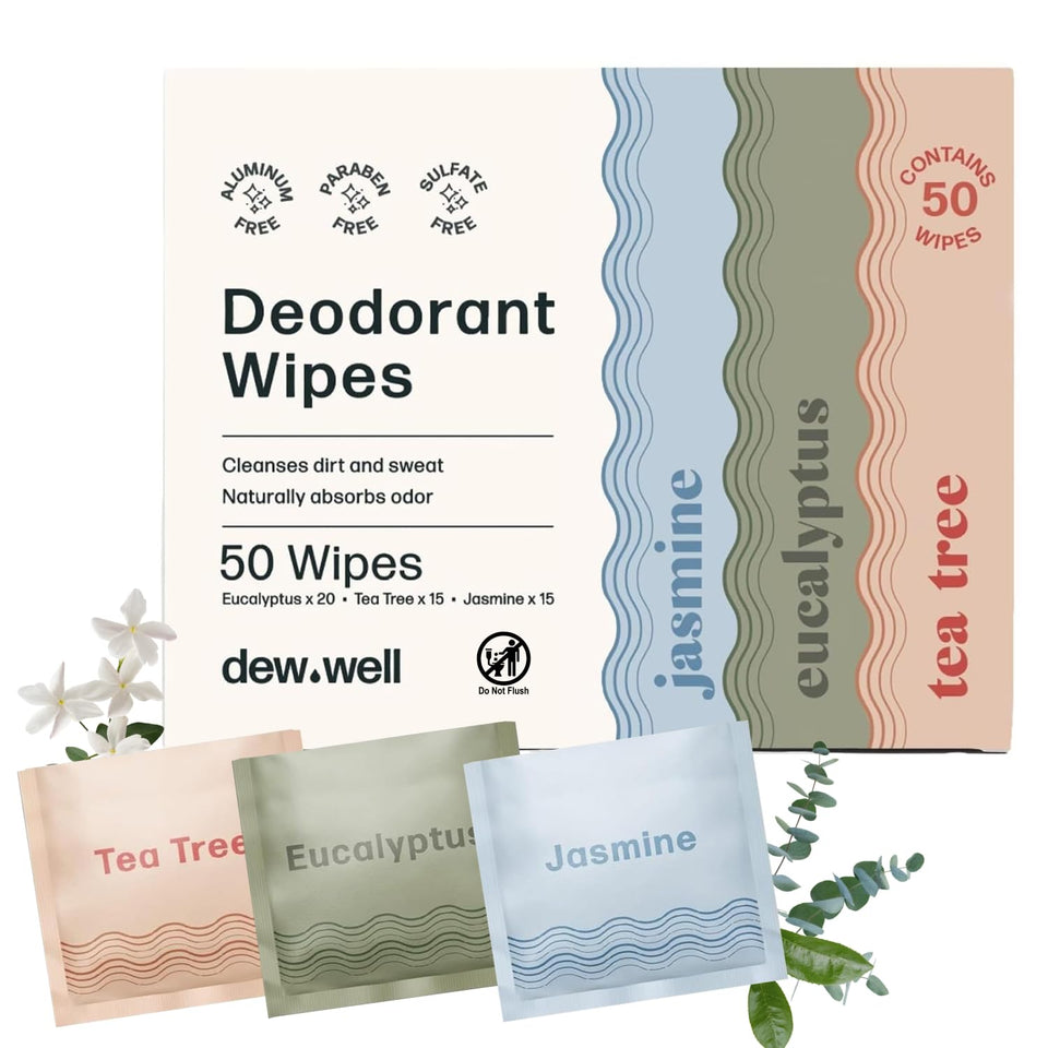 Dew Well front packaging showing 50-count variety pack and scent trio for easy freshness