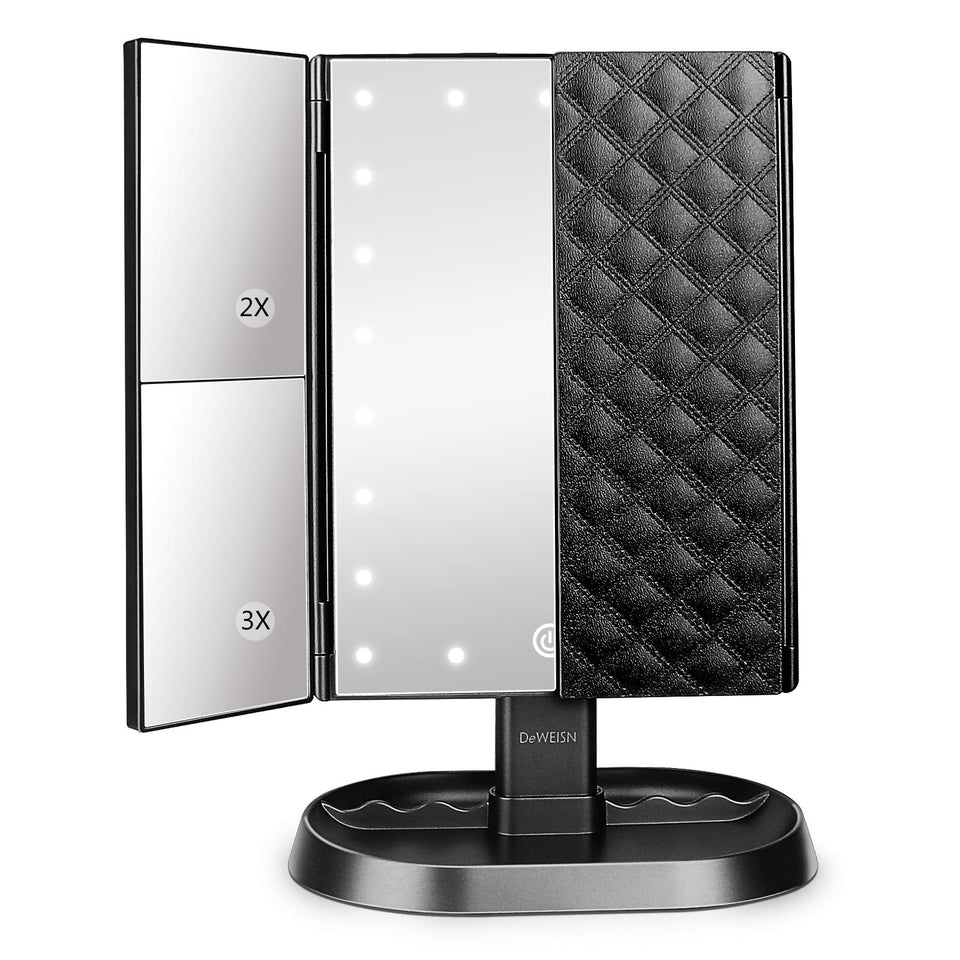 deweisn front view trifold mirror showing LED lighting and clean reflection benefit