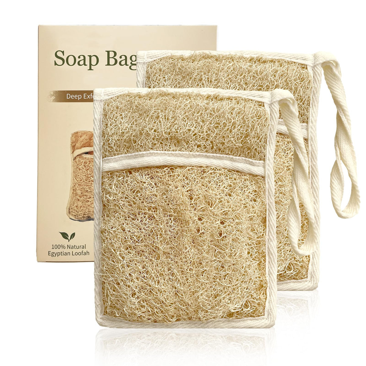 Dewlavelle front view of two loofah soap bags showing packaging and natural fibers