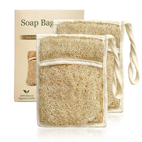 Dewlavelle front view of two loofah soap bags showing packaging and natural fibers