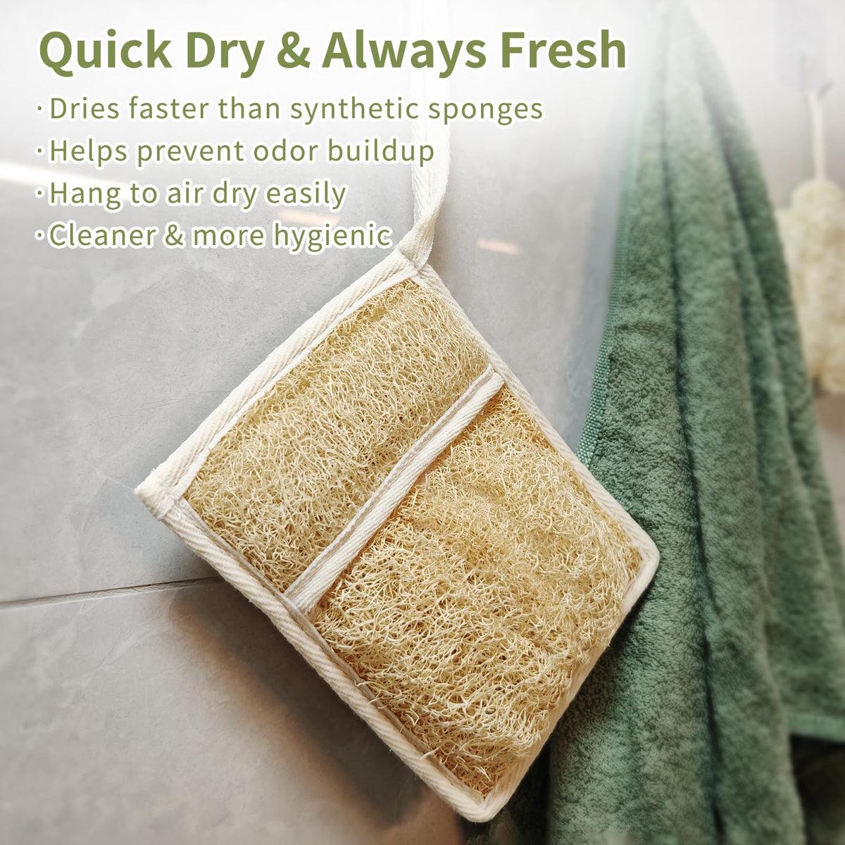 Dewlavelle soap bag hanging by long loop in shower for quick drying advantage