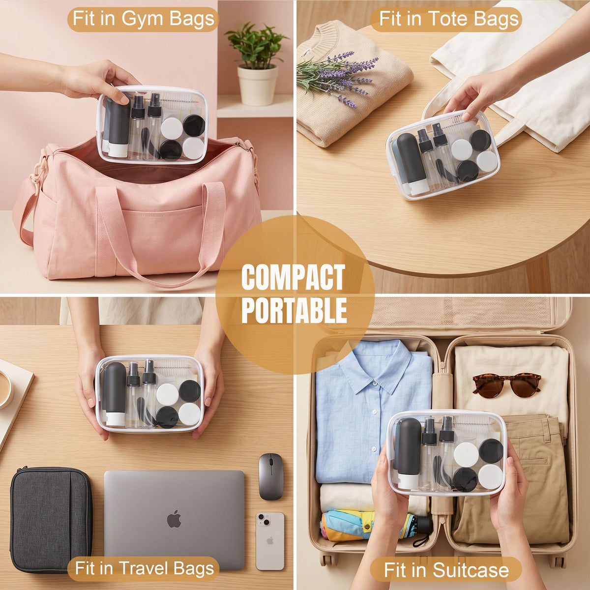DEWSENSI transparent TSA bag holding all containers for fast security checks