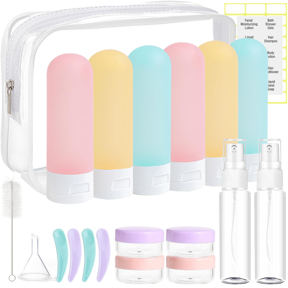 DEWSENSI front view of full 20-piece travel kit showing organized bottles and bag, prevents spills