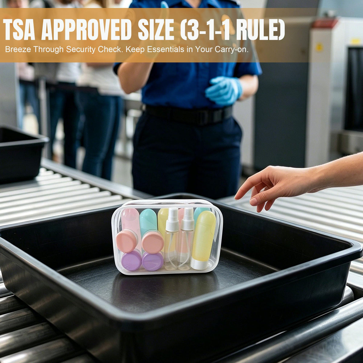DEWSENSI clear TSA-compliant bag packed into carry-on, eases airport security checks