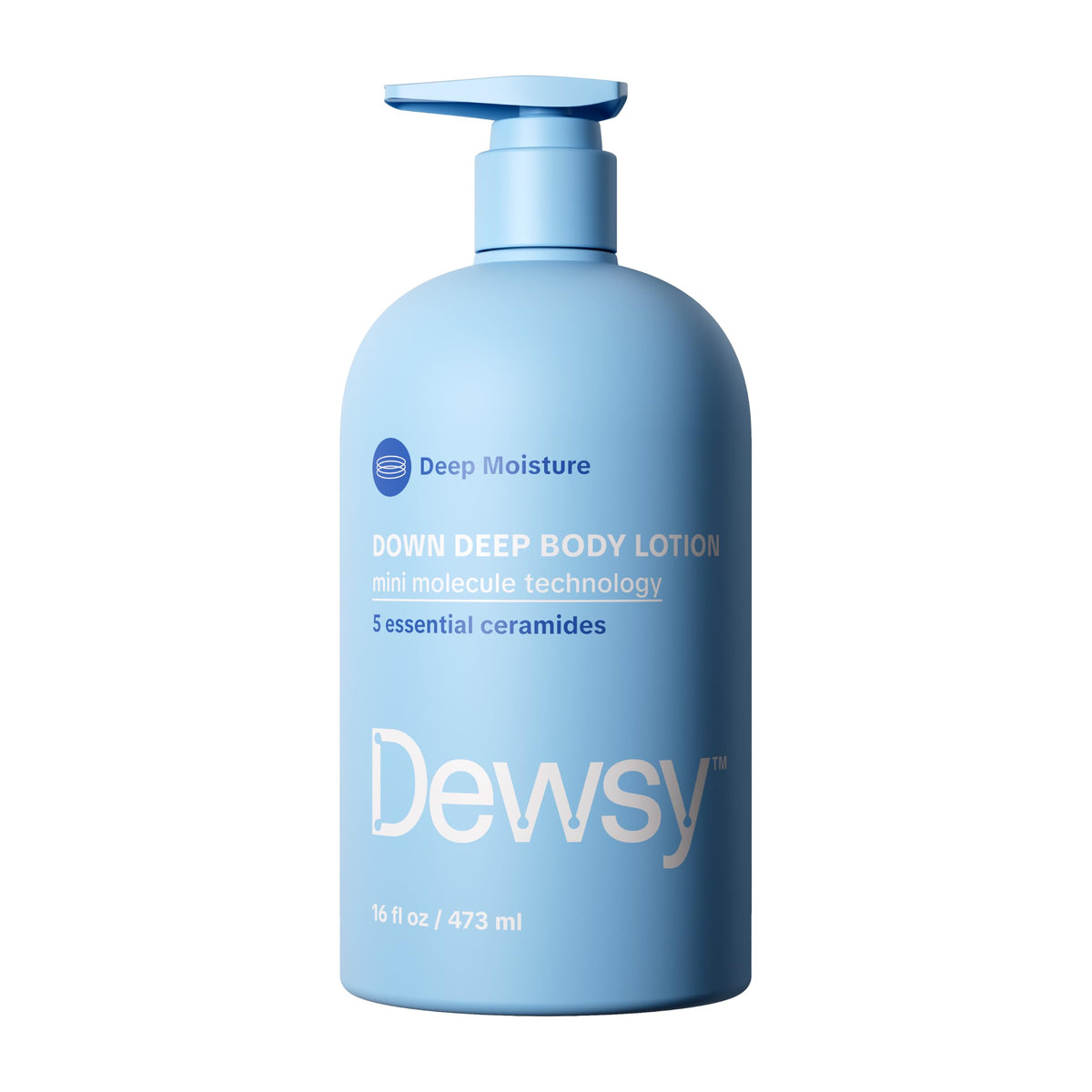 Dewsy front packaging bottle showing 16 oz pump and clean branding, promotes easy dispensing